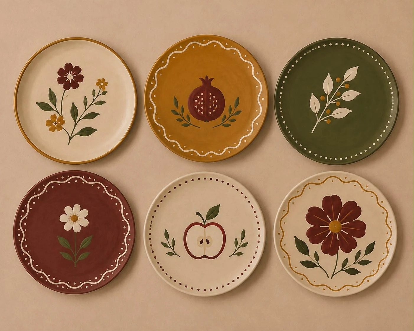 Assiettes peintes à la main, motifs pomme, grenade et fleurs