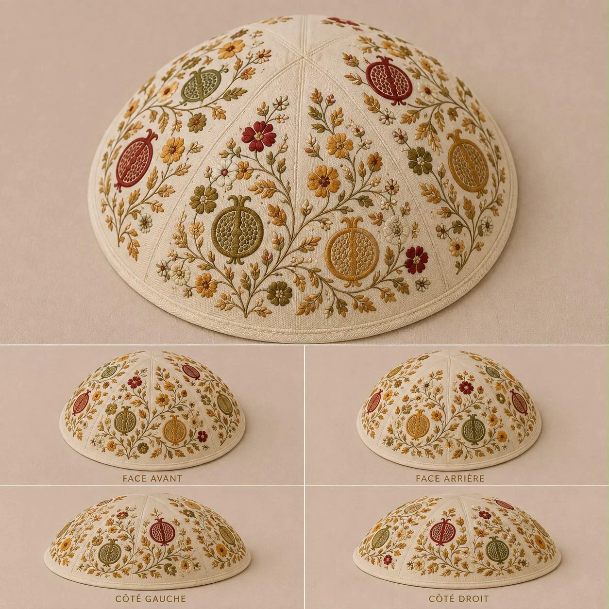Kippa brodée, vues de dessus, de face, de dos et de profil